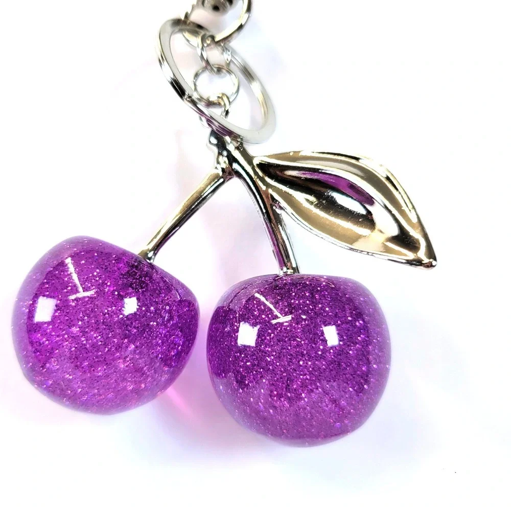 Bag Charm Cherry Keychain Glitter Resin Purple Womens Gypsy Fairycore Whimsical